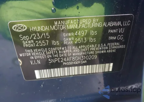 2016 Hyundai Sonata Se from USA, damaged, VIN 5NPE24AF8GH310209